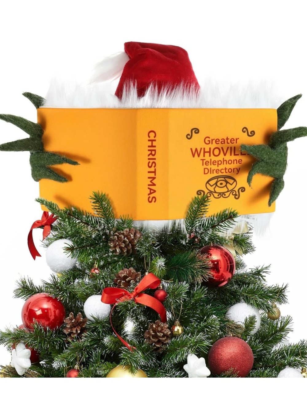 Whoville Christmas Tree Topper - Red Hat & Green Hands, grinch